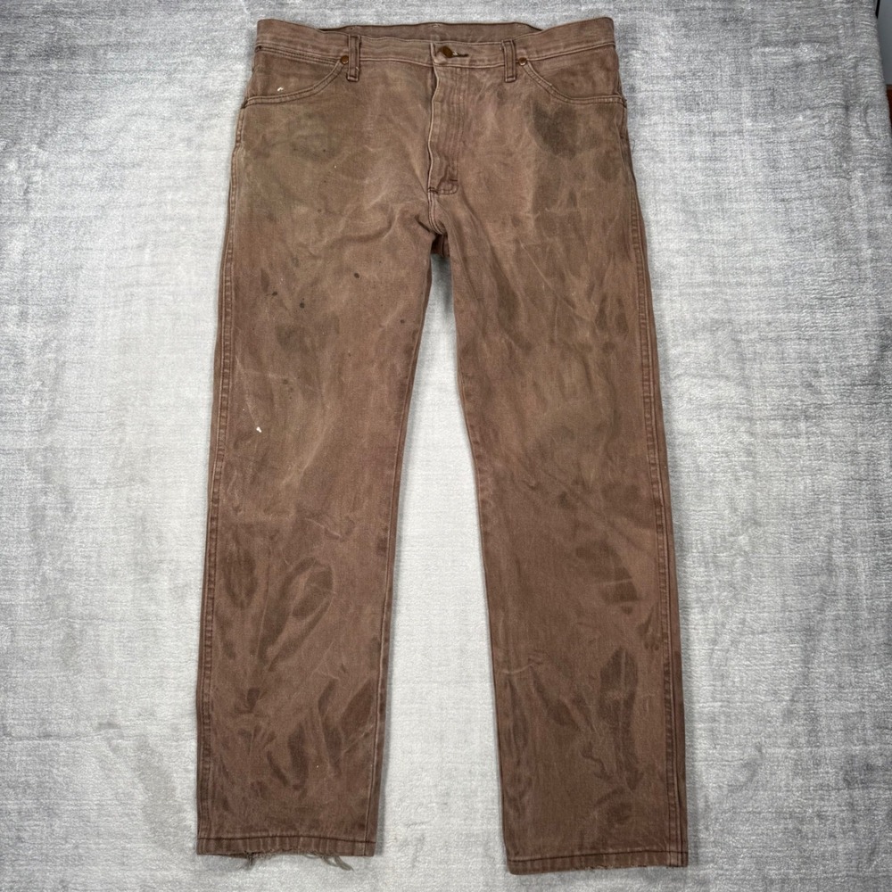 Wrangler Jeans Mens 36x30 Brown Denim Distressed Painted 1013MWZ Cowboy Cut